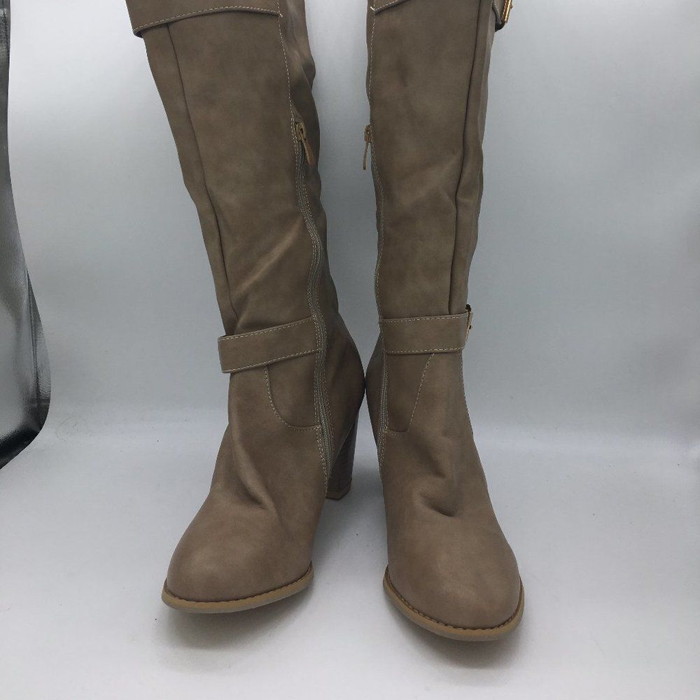 Khahi Knee High Boots Chunky Mid Heels Buckle Zipper Winter Boots Shoes